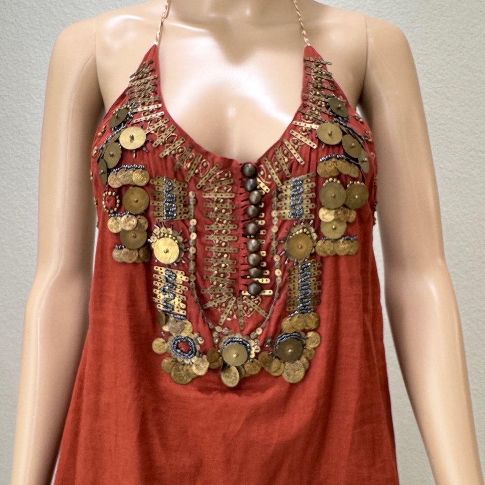 Burning Torch Red Halter Top with Gold Accents